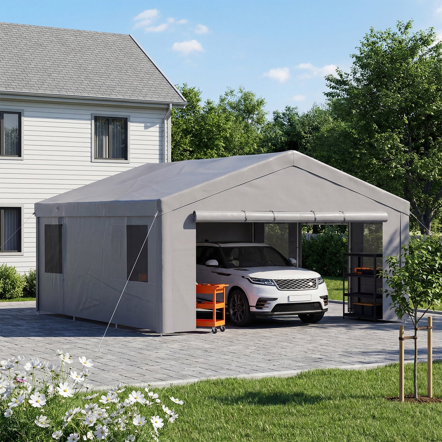 Sunmthink 20x20ft Heavy Duty Carport Canopy, Portable Outdoor Garage with Removable Sidewalls & Roll-Up Doors, All-Weather Car Shelter for Cars, Boats, Trucks and Tools Storage, Gray