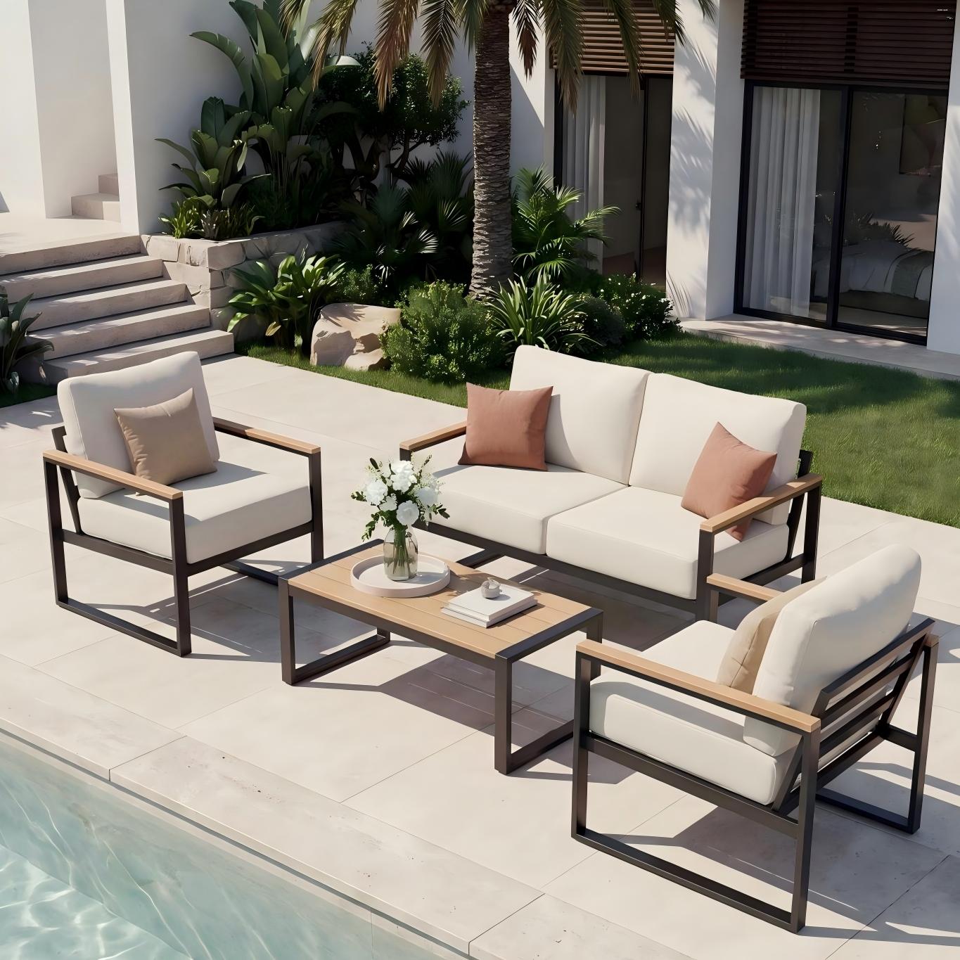 Dateyes 4-Piece Outdoor Patio Furniture Set, Modern Metal Conversation Set for Porch, Deck, Balcony (Beige)