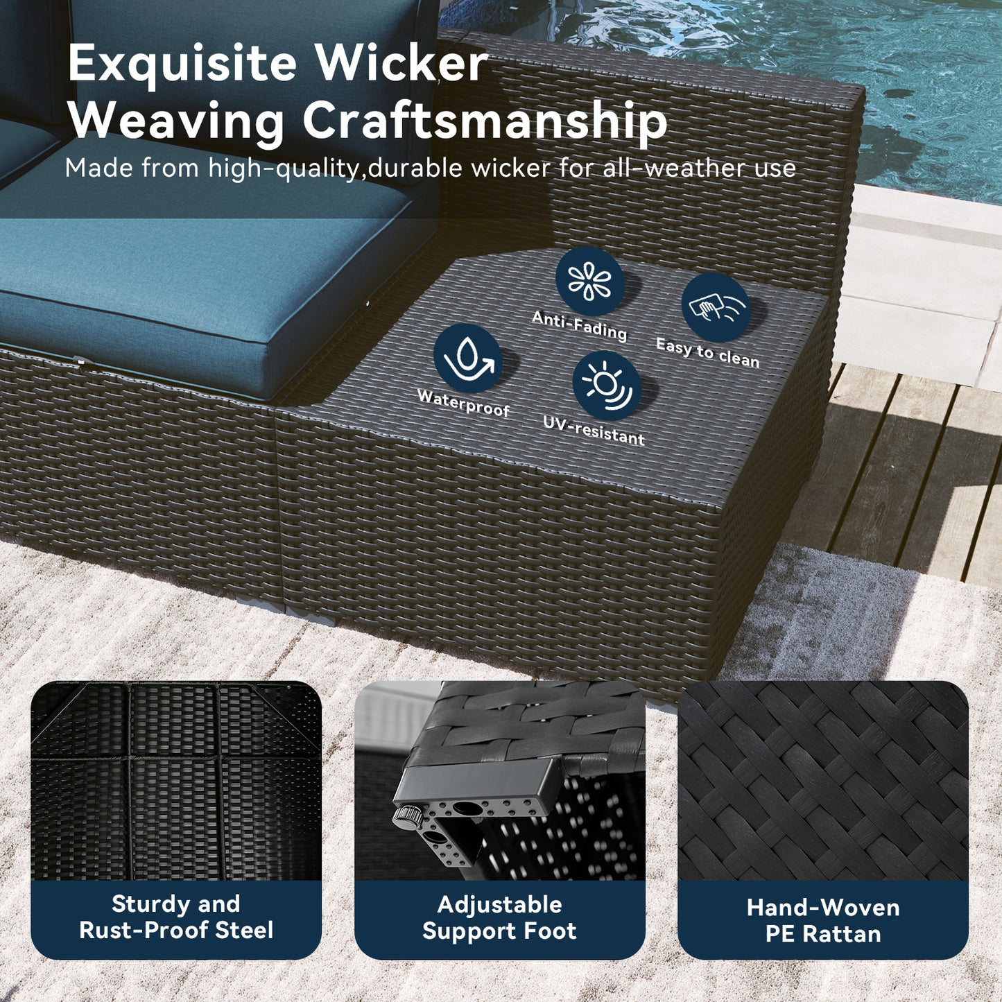 Clouddwell 7 Piece Outdoor Patio Furniture Set, Wicker Rattan Patio Sectional Sofa Set, Peacock Blue