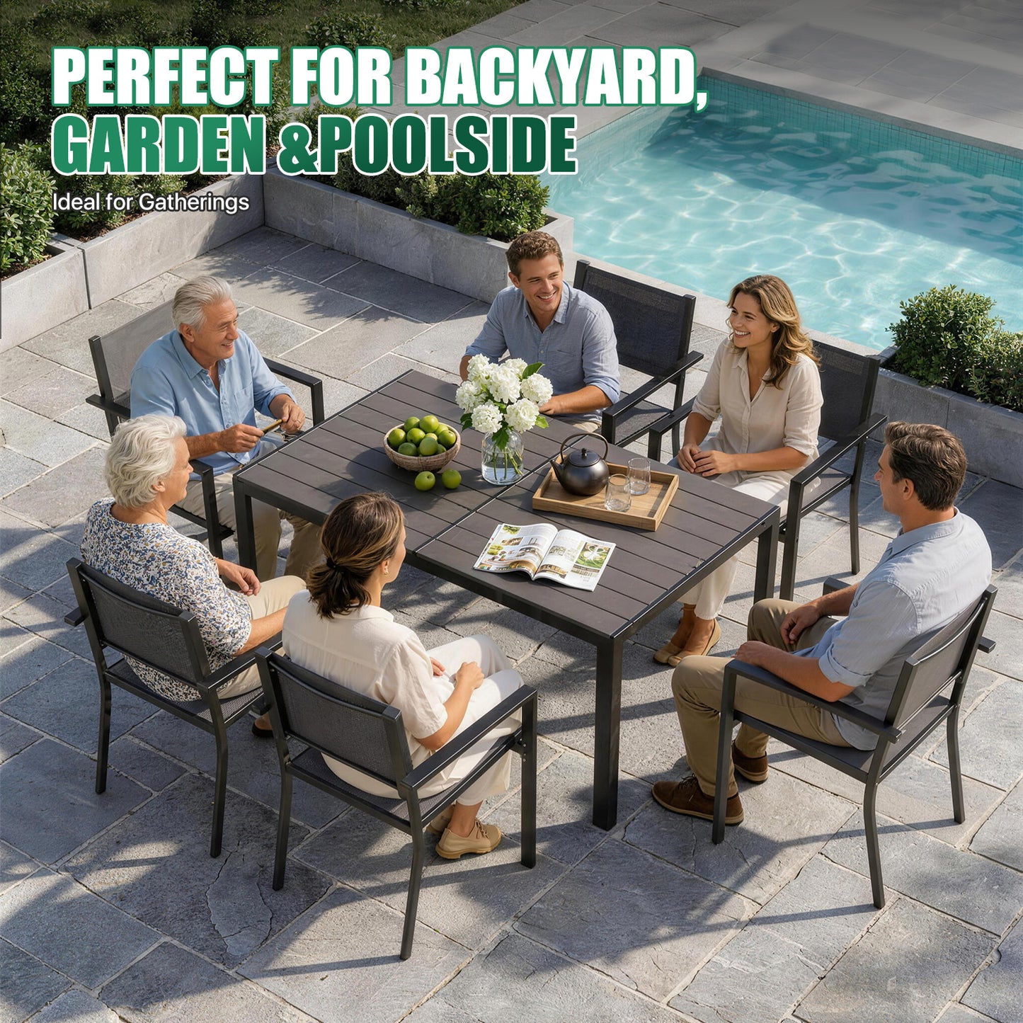 Clouddwell 7-Piece Patio Table and Textilene Chairs Set for 6, Patio Dining Sets With Metal Table, Dark Gray