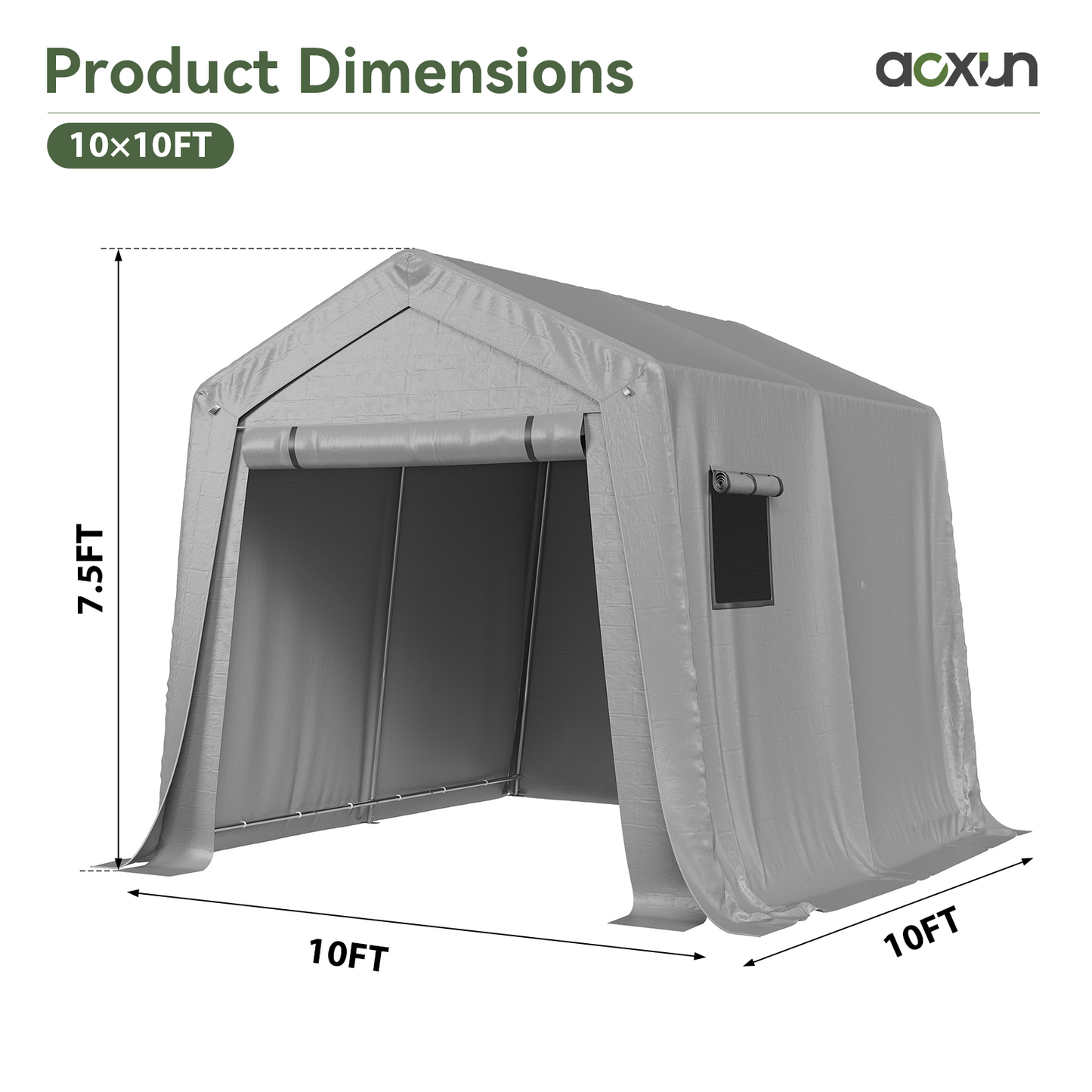 Aoxun 10x10 FT Outdoor Carport Shed, Portable Garage with Roll-Up Door & Window, Waterproof Tarp & Galvanized Steel Frame for Lawn Equipment, Bike, Motorcycle, Trunk Cover, Gray