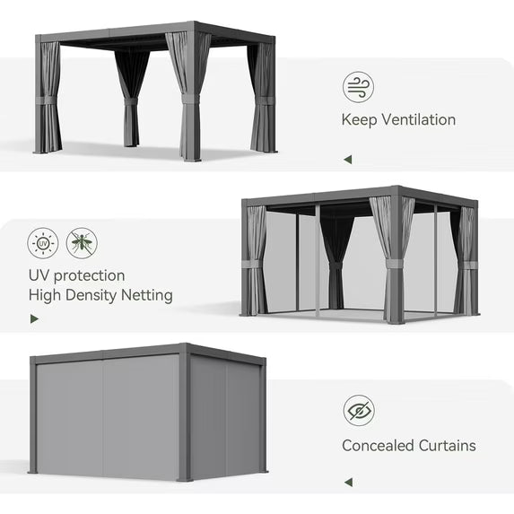 Clouddwell 10' × 10' Adjustable Louvered Pergola, Outdoor Aluminum Pergola with Curtains & Netting for Backyard, Deck & Poolside, Gray