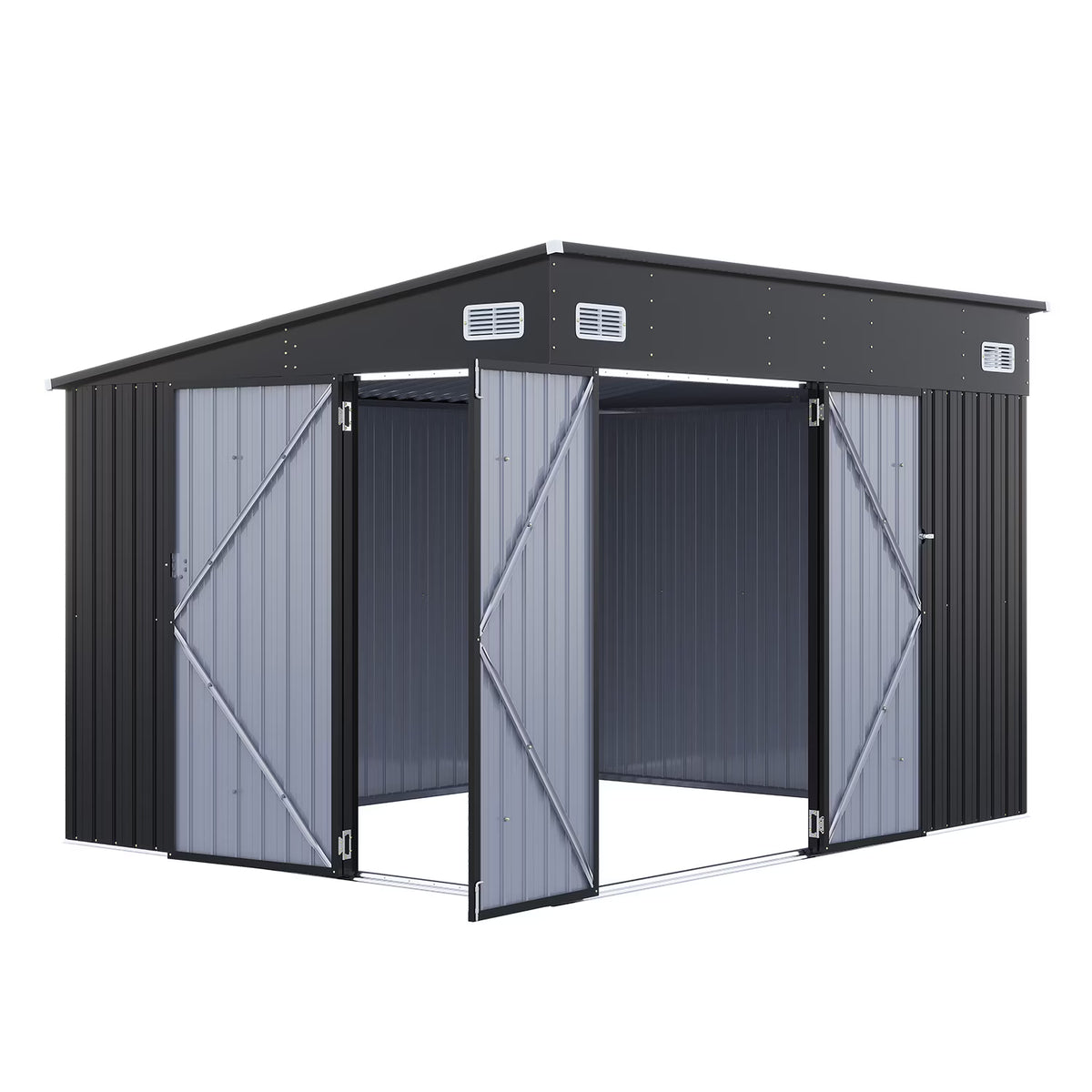 Dateyes 10' x 8' Metal Storage Shed with Triple Doors, Lockable Lean-to Design & Vents, Black