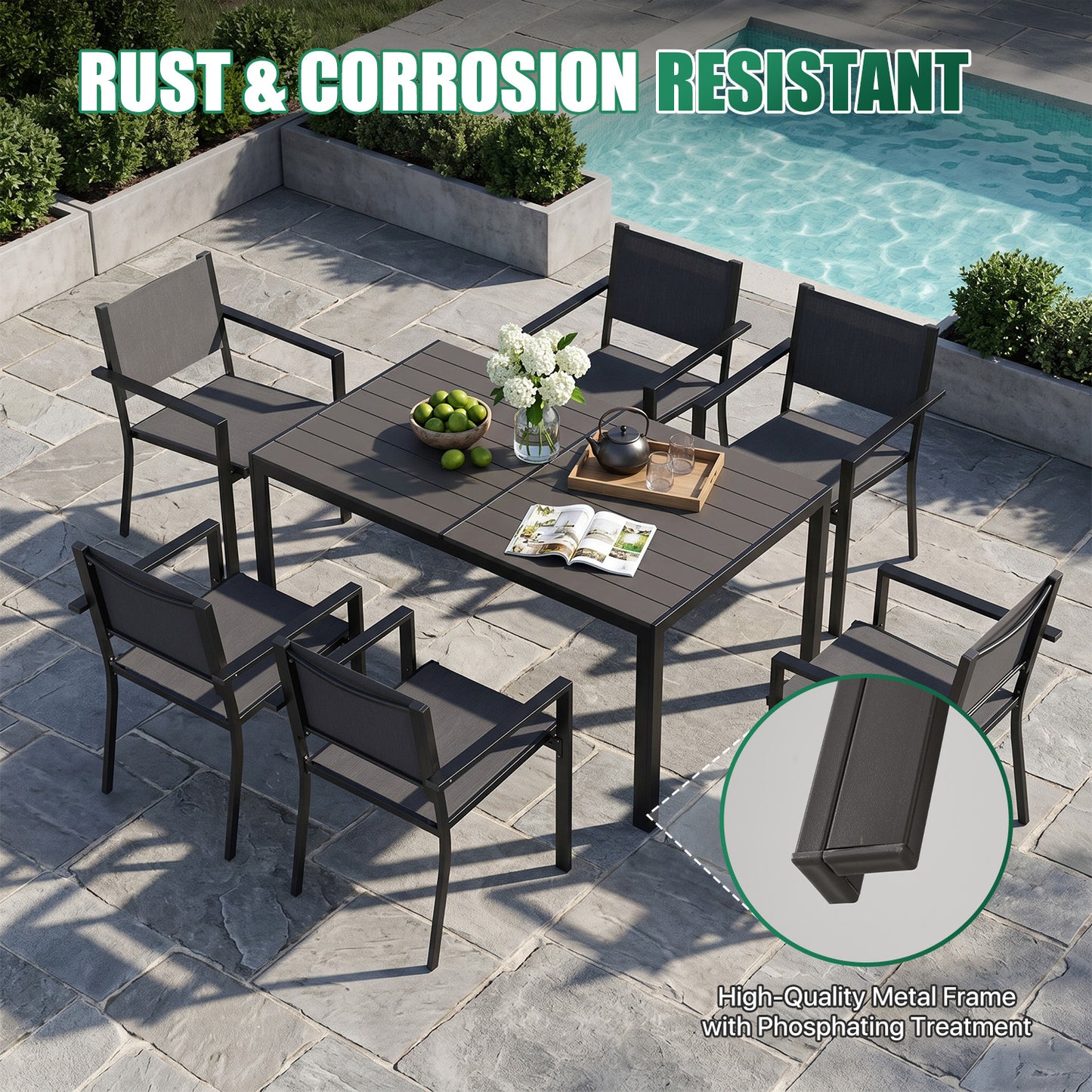 Clouddwell 7-Piece Patio Table and Textilene Chairs Set for 6, Patio Dining Sets With Metal Table, Dark Gray