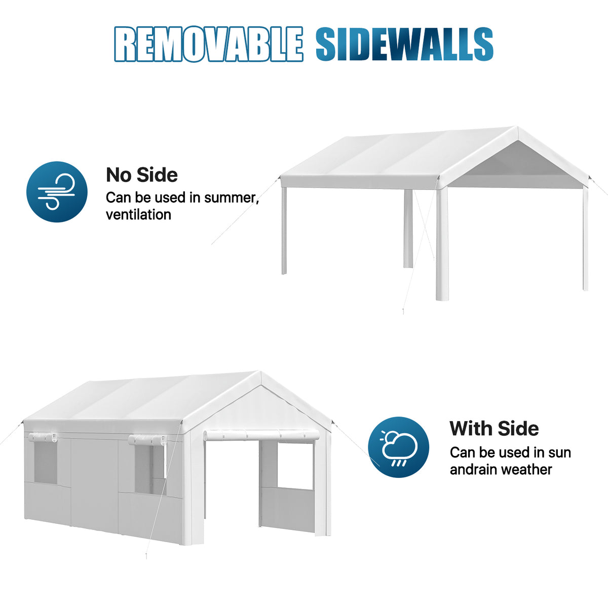 Dateyes 10x20ft Heavy Duty Carport Canopy, Portable Garage Car Canopy with Removable Sidewalls, Car Shelter for Cars, Boats, and Tools Storage, White