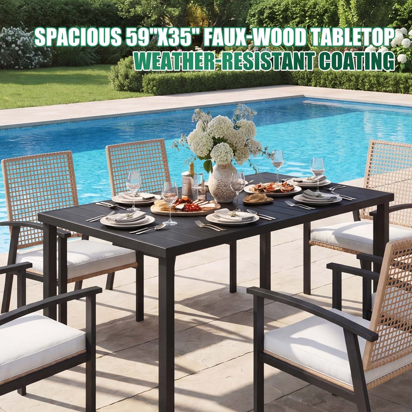 Clouddwell 7-Piece Outdoor Patio Dining Set, Wicker Chairs & Metal Table with Umbrella Hole, Patio Furniture Set for 6, with Soft Cushions for Backyard Garden