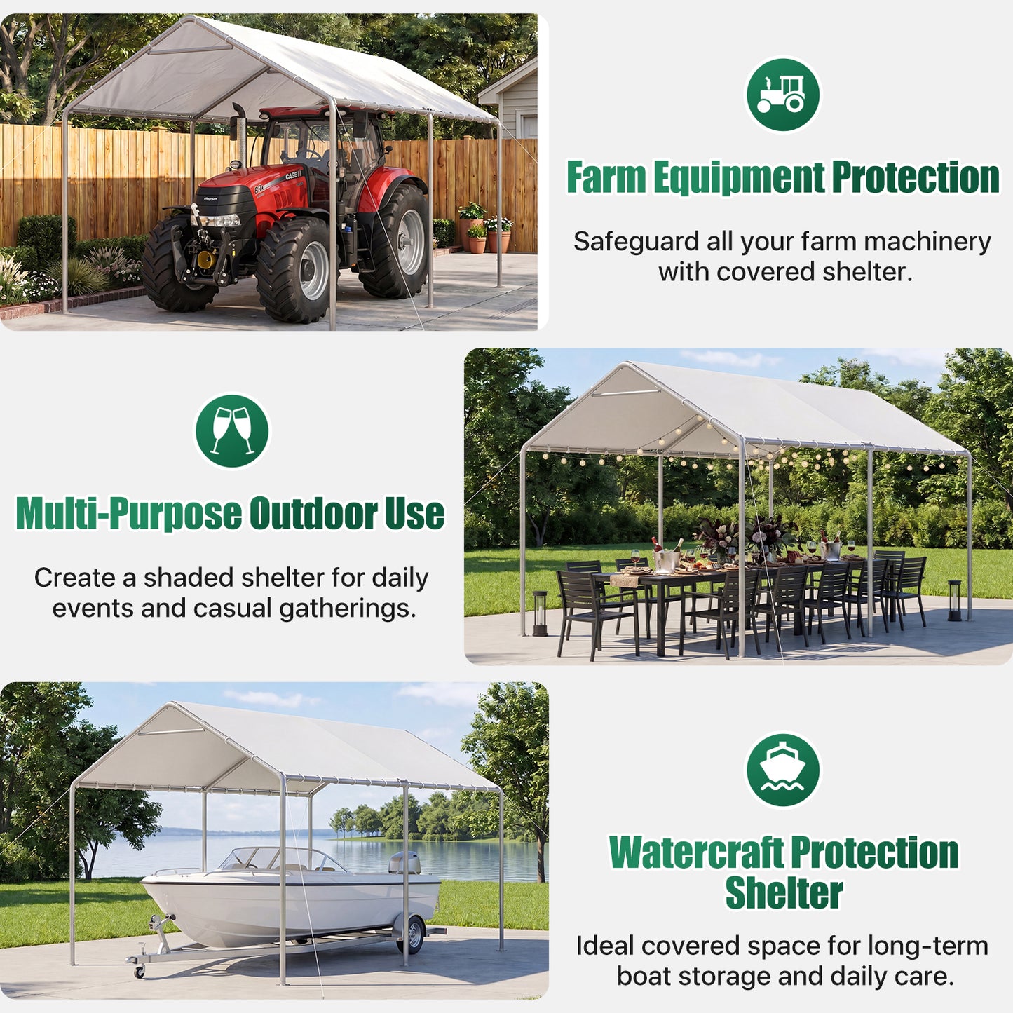 Dateyes 10x15 FT Carport, Heavy Duty Carport Canopy with Adjustable Height, Outdoor Carport Shelter with Reinforced Frame, Portable Garage for Cars, Boats and Trucks, White