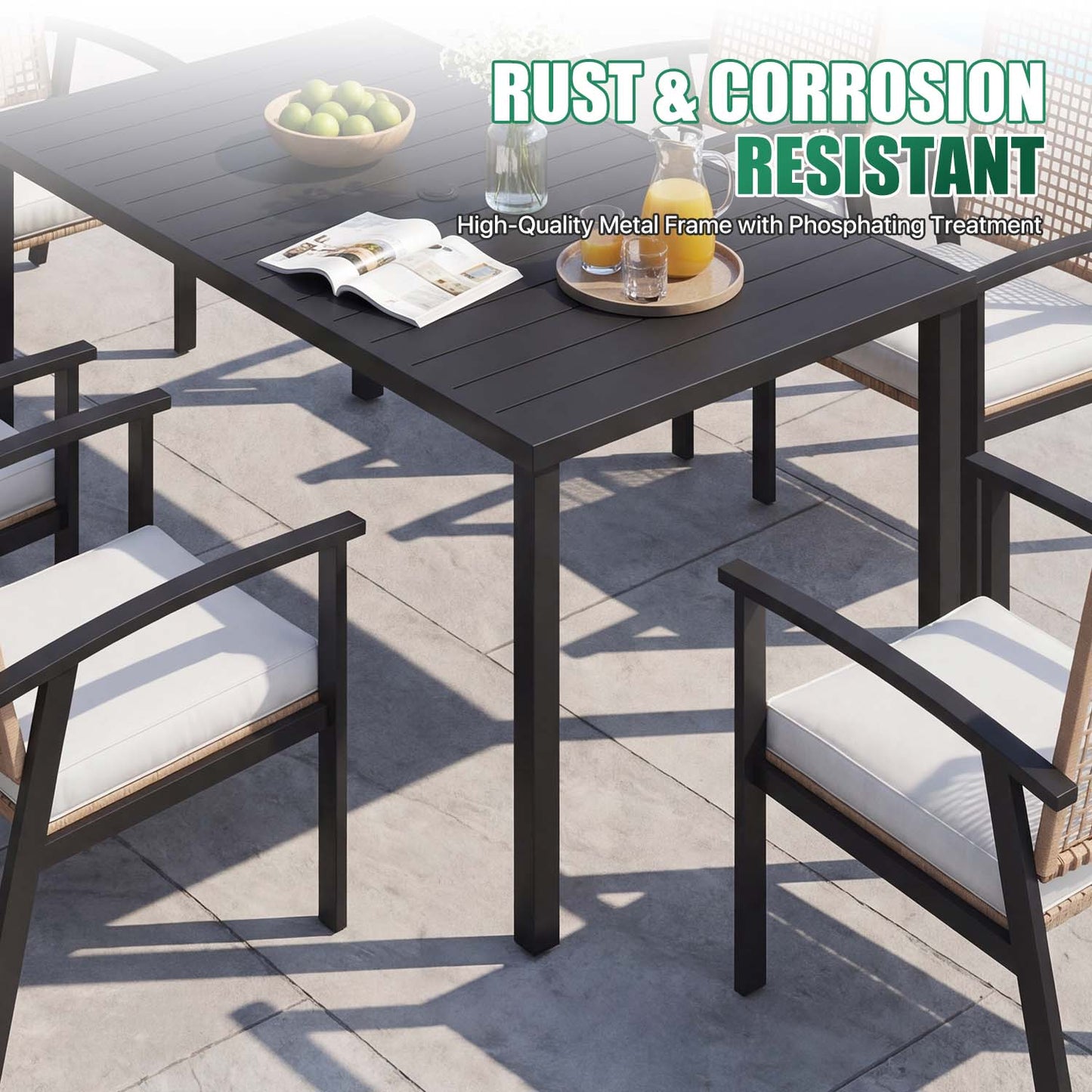 Clouddwell 7-Piece Outdoor Patio Dining Set, Wicker Chairs & Metal Table with Umbrella Hole, Patio Furniture Set for 6, with Soft Cushions for Backyard Garden