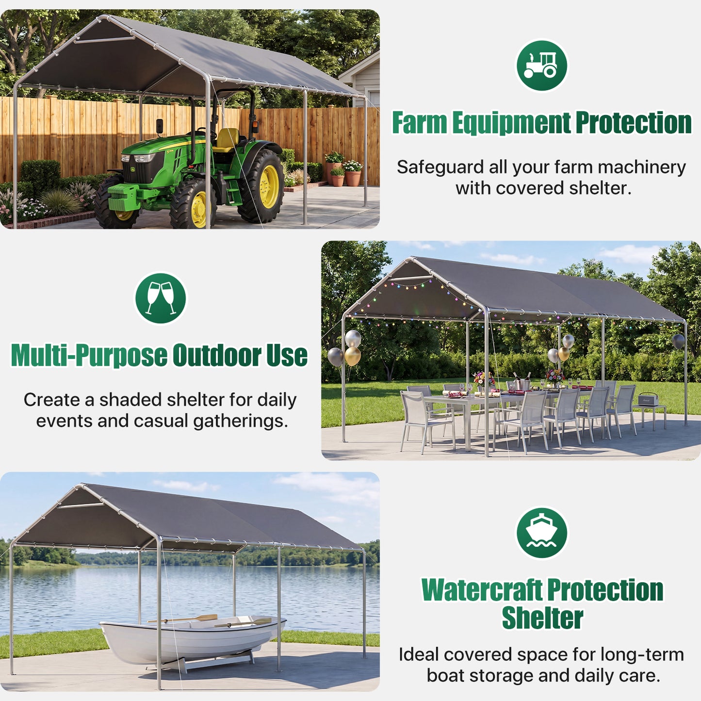 Dateyes 10x20 FT Carport, Heavy Duty Carport Canopy with Adjustable Height, Outdoor Carport Shelter with Reinforced Frame, Portable Garage for Cars, Boats and Trucks, Gray