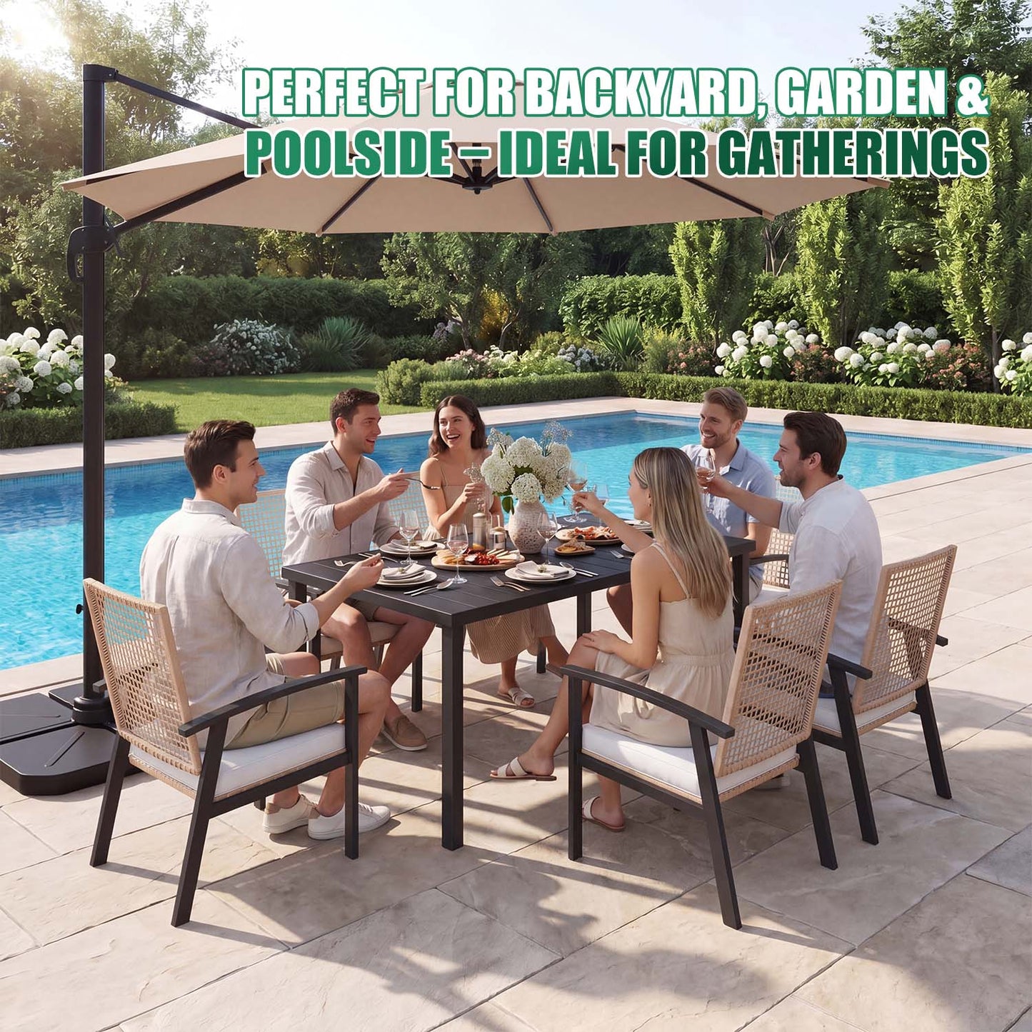 Clouddwell 7-Piece Outdoor Patio Dining Set, Wicker Chairs & Metal Table with Umbrella Hole, Patio Furniture Set for 6, with Soft Cushions for Backyard Garden