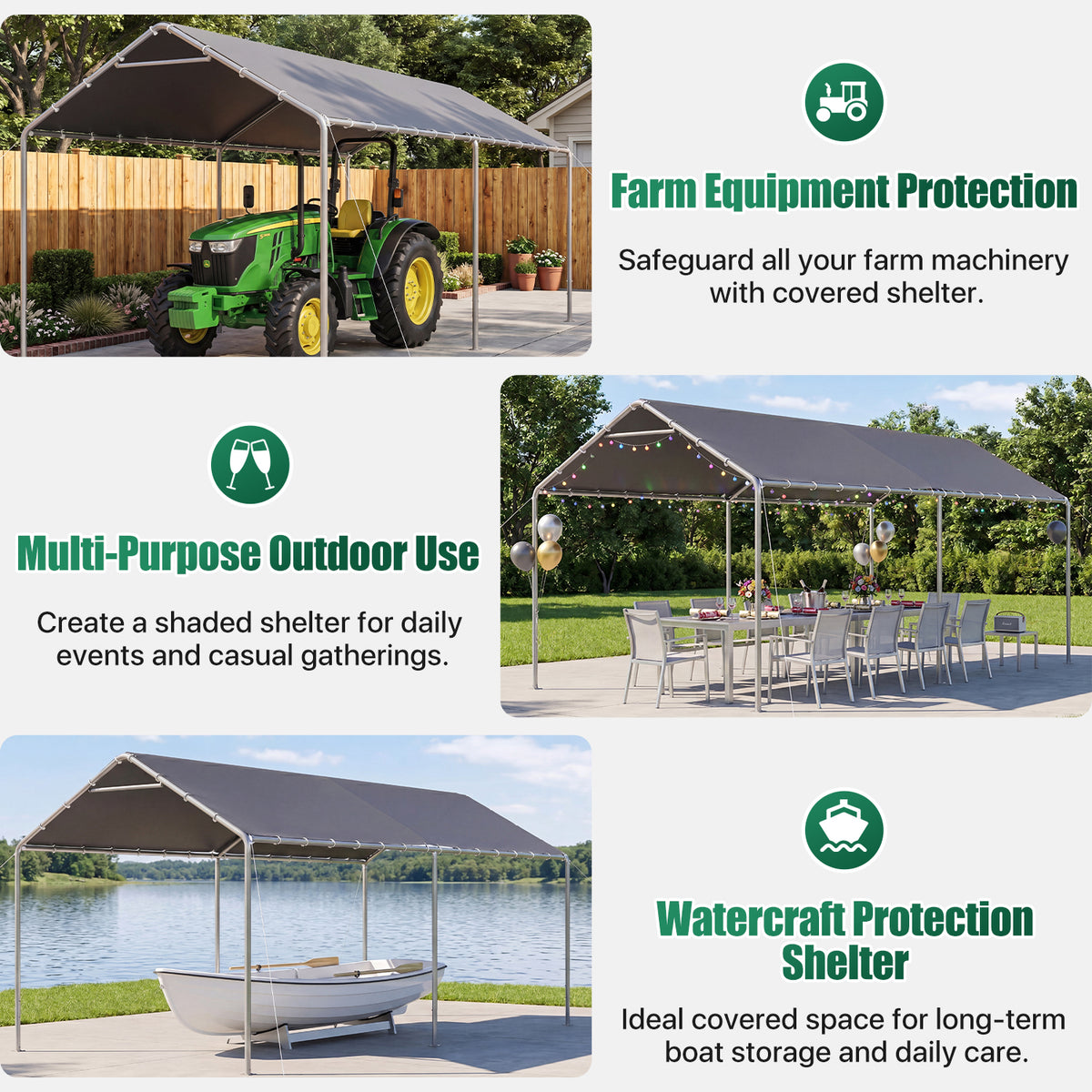 Dateyes 10x20 FT Carport, Heavy Duty Carport Canopy with Adjustable Height, Outdoor Carport Shelter with Reinforced Frame, Portable Garage for Cars, Boats and Trucks, Gray