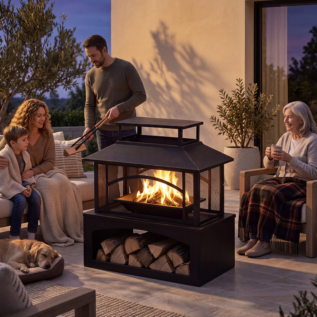 LazySunsets 32 Inch Outdoor Steel Fire Pit with Built‑in Log Storage, 360 Degree Safety Mesh Screen, Large Wood Burning Fireplace for Backyard Patio Garden Party, Black