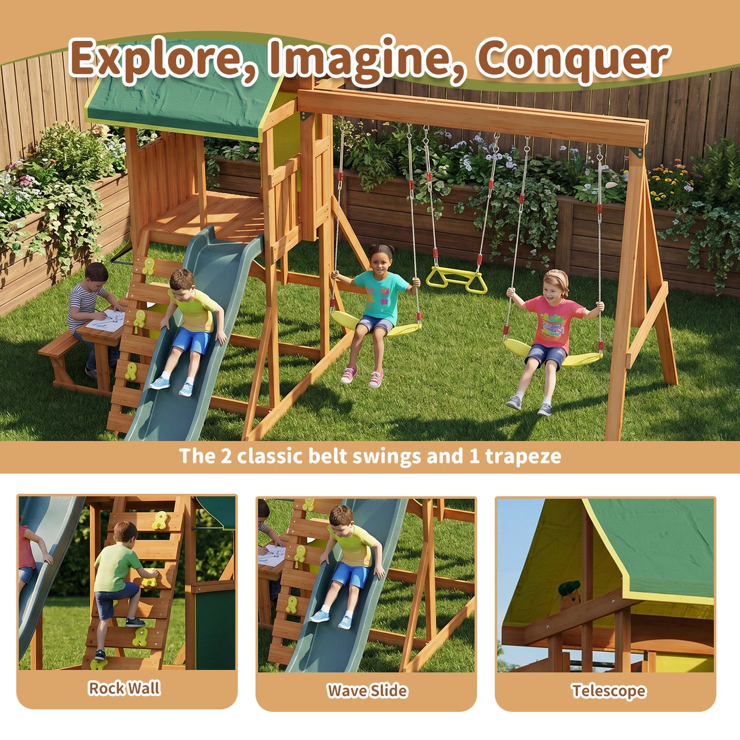 Clouddwell Wooden Swing Set for Backyard Playground Swingset with Slide Kid Outdoor Play Set with 8 FT Wave Slide, 2 Belt Swings Play Deck, Rock Wall Ladder, Belt Swings, Chalkboard