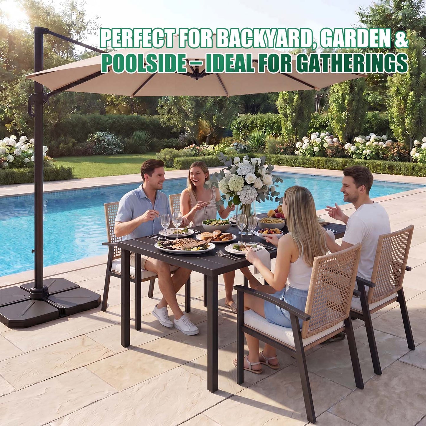 Clouddwell 5-Piece Outdoor Patio Dining Set, Wicker Chairs & Metal Table with Umbrella Hole, Patio Furniture Set for 4, with Soft Cushions for Backyard Garden