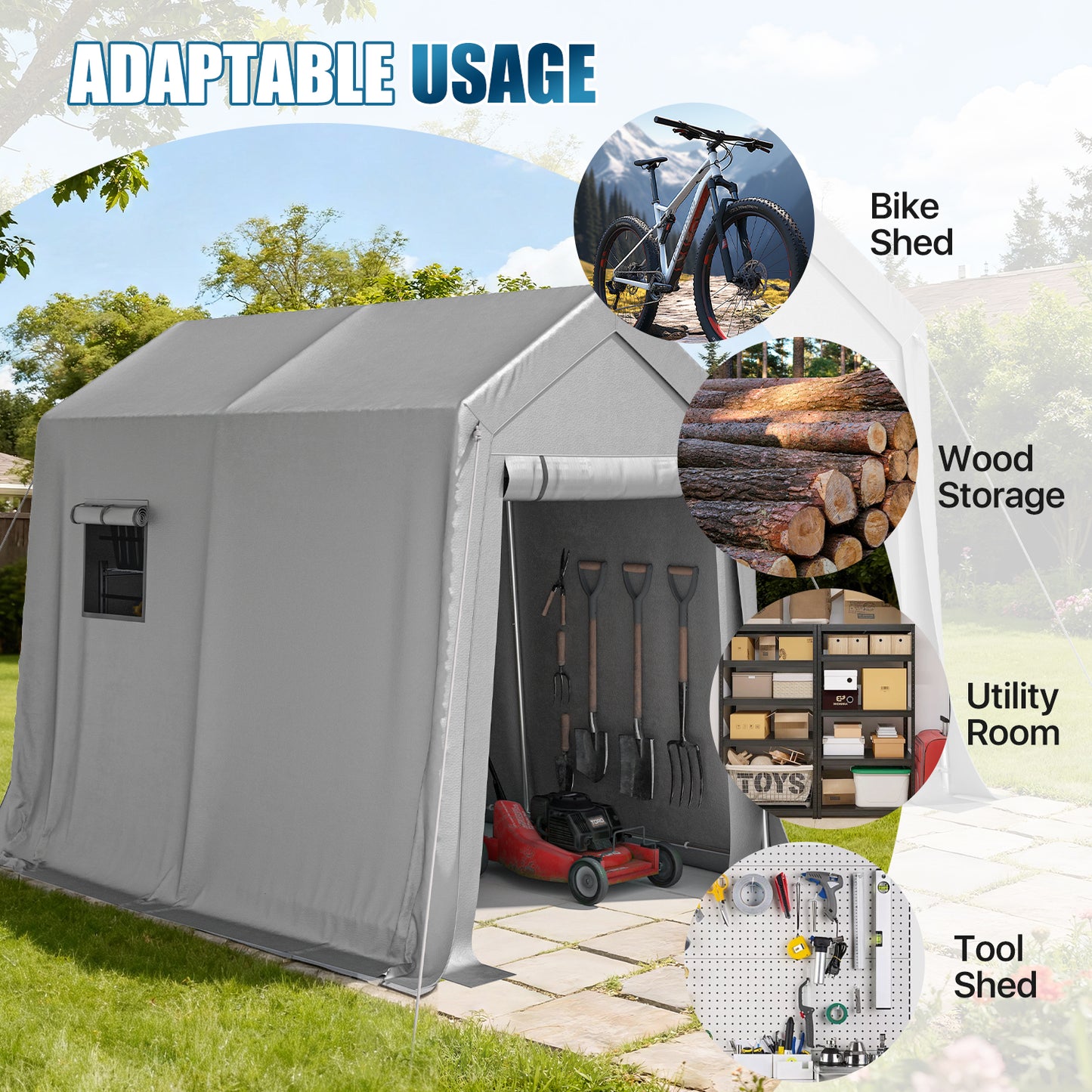 Sunmthink 6x8 FT Outdoor Carport Shed, Portable Storage Sheds with Roll-Up Door & Window, Waterproof Storage Tent with Galvanized Steel Frame & Durable Tarp Cover for Bike, Motorcycle, Lawn Equipment
