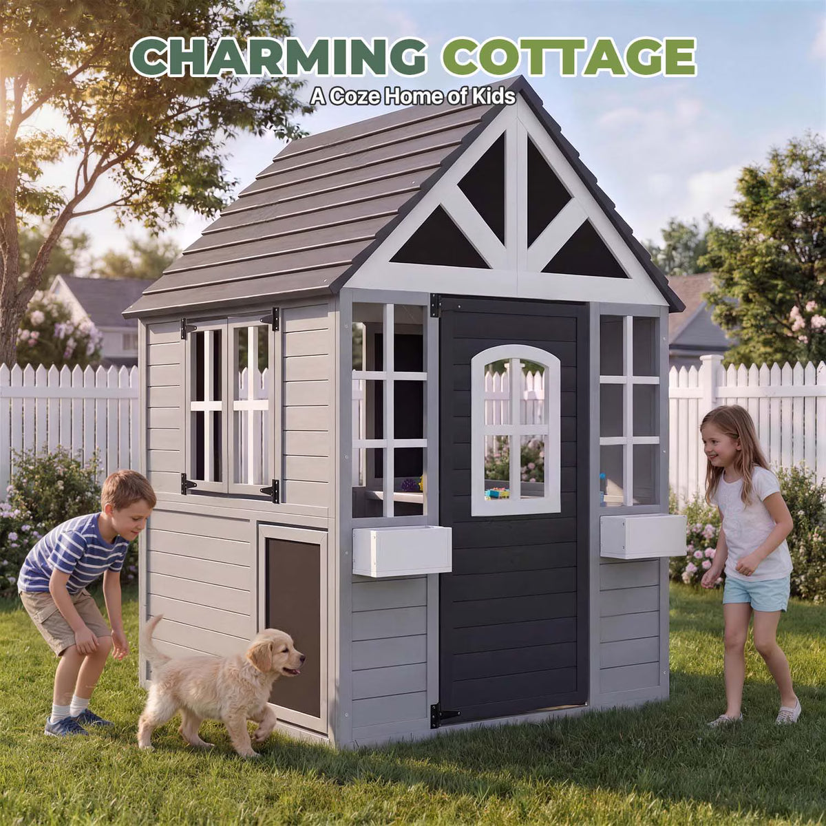 Dateyes Wooden Toddler Playhouse 3x4FT Grey Gable House with Chimney, Pretend Kitchen Accessories, Blackboard and Bar Counter for Outdoor Backyard Play