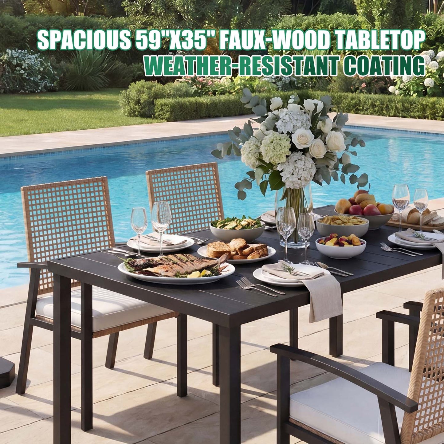Clouddwell 5-Piece Outdoor Patio Dining Set, Wicker Chairs & Metal Table with Umbrella Hole, Patio Furniture Set for 4, with Soft Cushions for Backyard Garden