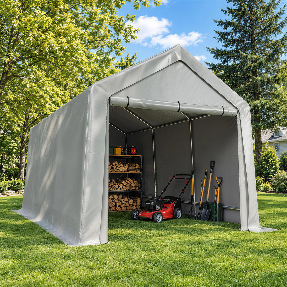 Sunmthink 8x14 FT Outdoor Carport Shed, Portable Storage Sheds with Roll-Up Door & Window, Motorcycle Shelter with Galvanized Steel Frame & Durable Tarp Cover for Bike, Lawn Equipment