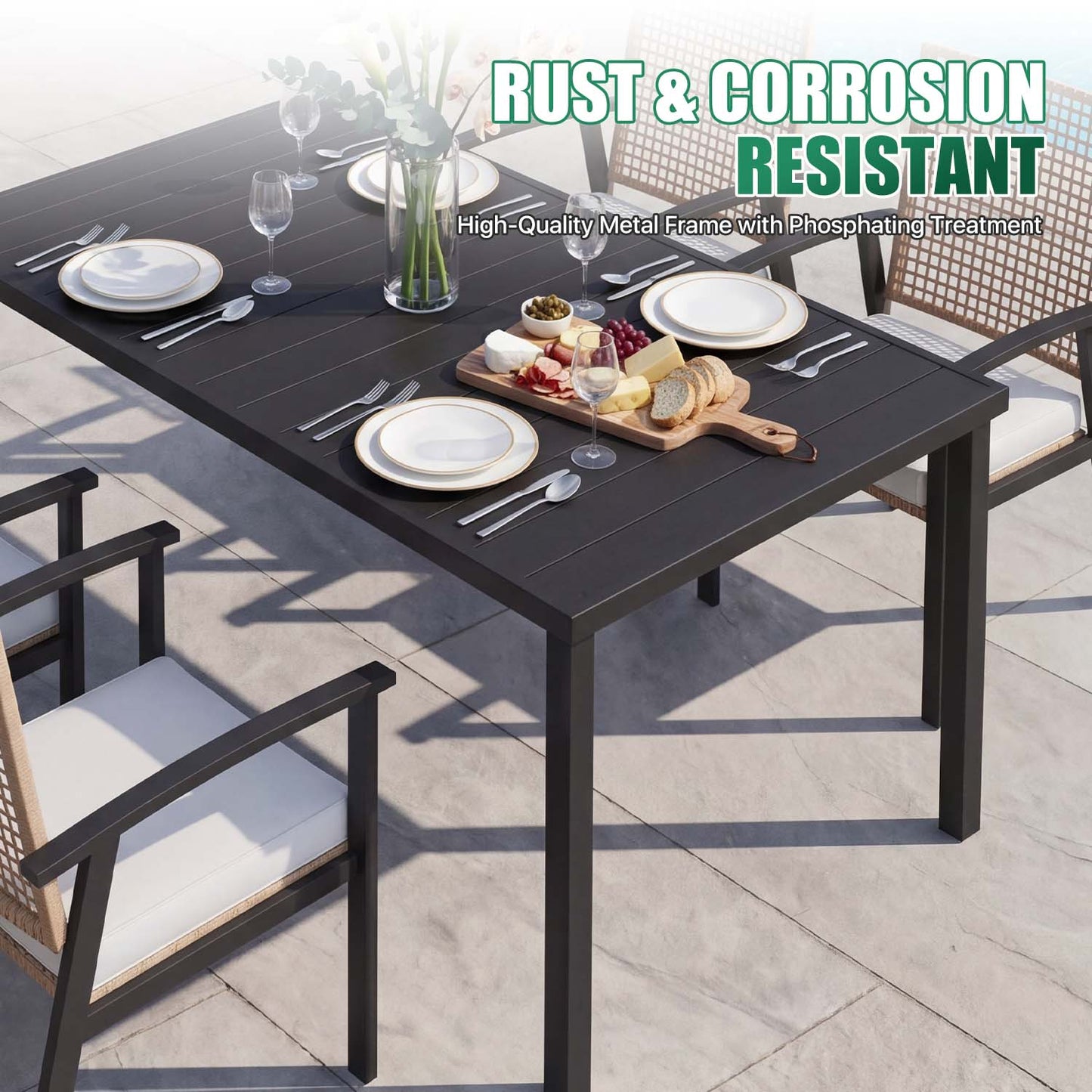 Clouddwell 5-Piece Outdoor Patio Dining Set, Wicker Chairs & Metal Table with Umbrella Hole, Patio Furniture Set for 4, with Soft Cushions for Backyard Garden