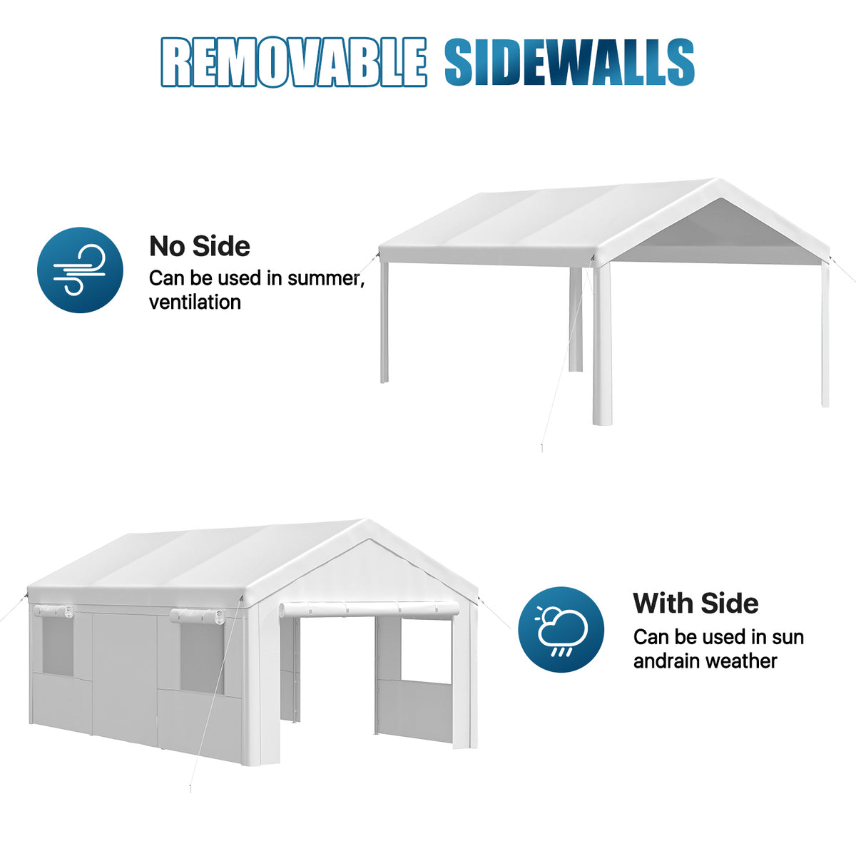 Dateyes 12x20ft Heavy Duty Carport Canopy, Portable Garage Car Canopy with Removable Sidewalls, Car Shelter for Cars, Boats, and Tools Storage, White