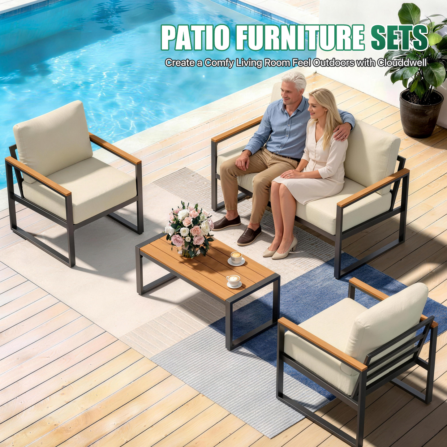 Sunmthink 4-Piece Outdoor Patio Furniture Set, Modern Metal Conversation Set for Porch, Deck, Balcony (Beige)