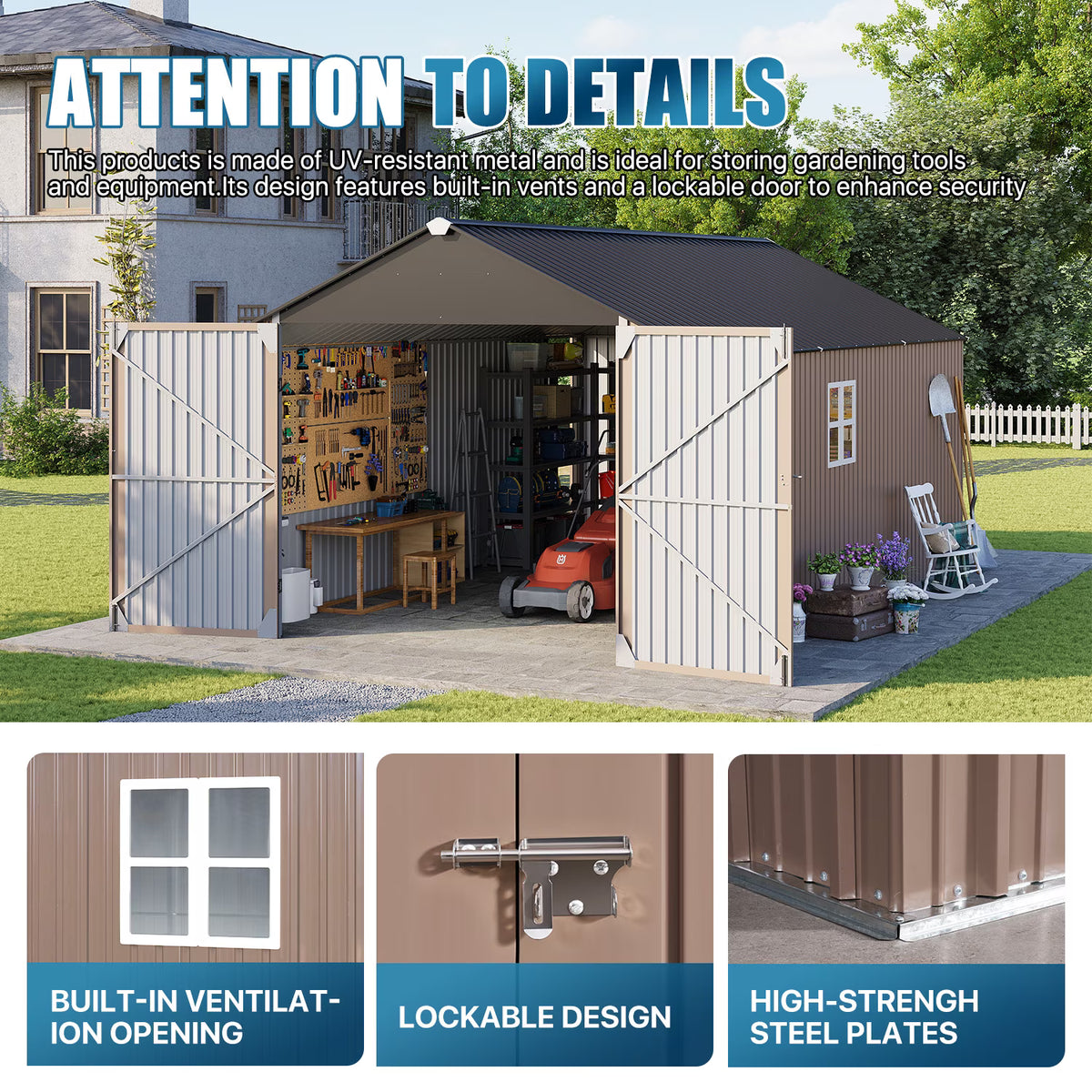 LazySunsets 12 x 20FT Shed Outdoor Storage Shed with Double Hinged Large Door, Extra Large Metal Shed with Lockable Door & Sloped Roof for Garden, Backyard, Patio and Backyard, Brown