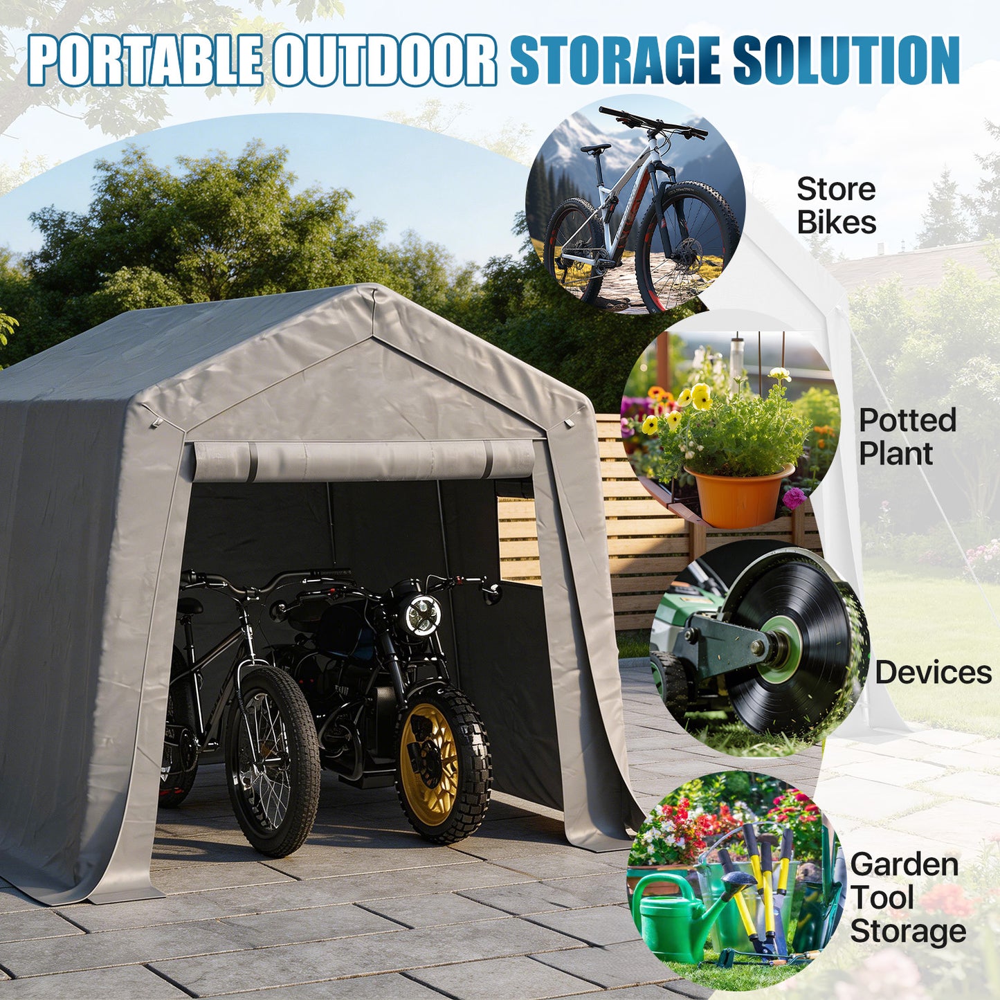 Sunmthink 10x10 FT Outdoor Carport Shed, Portable Storage Sheds with Roll-Up Door & Window, Waterproof Storage Tent with Galvanized Steel Frame for Bike, Motorcycle, Lawn Equipment