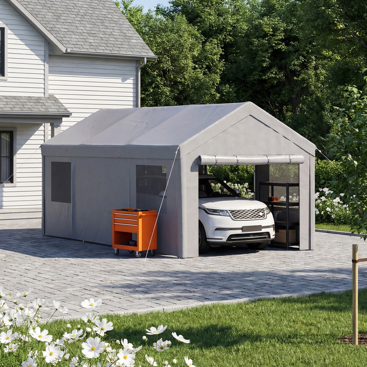 Sunmthink 10x20ft Heavy Duty Carport Canopy, Portable Outdoor Garage with Removable Sidewalls & Roll-Up Doors, All-Weather Car Shelter for Cars, Boats, Trucks and Tools Storage, Gray