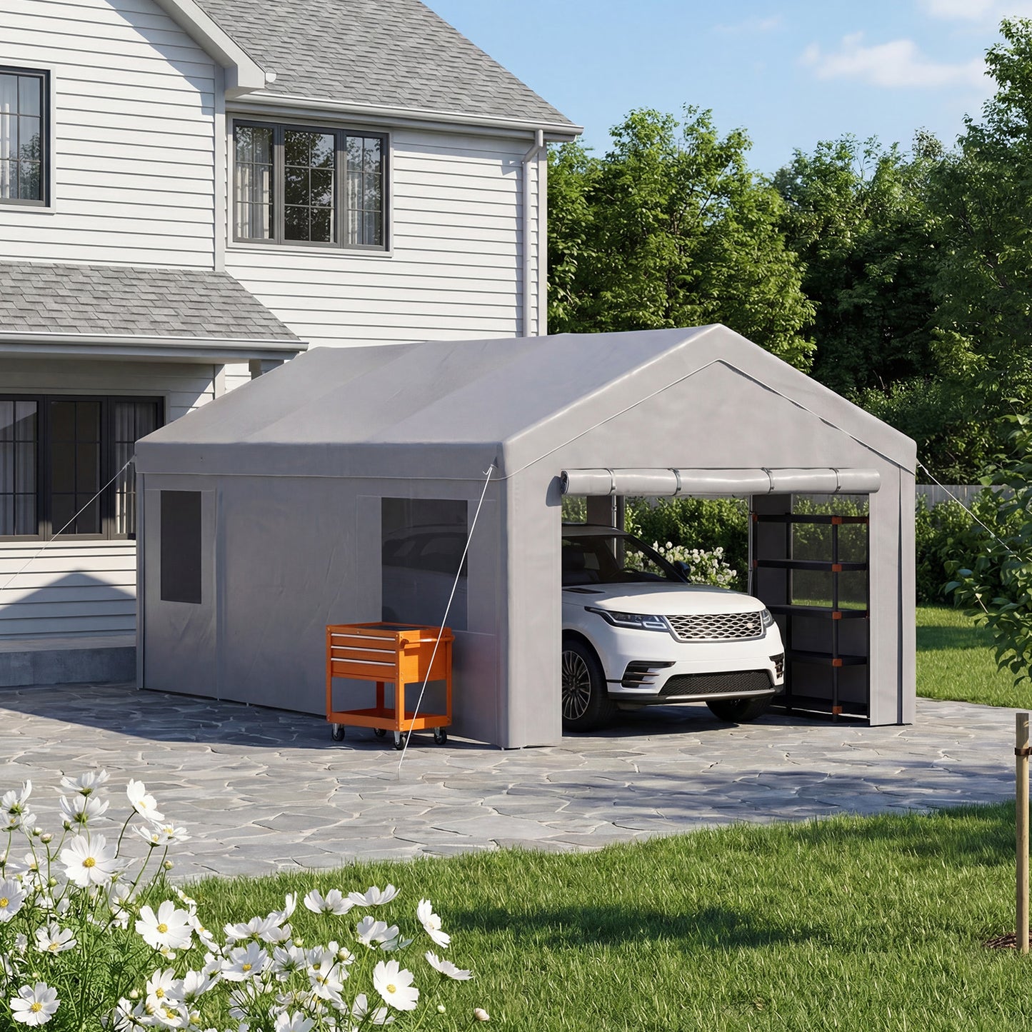 Sunmthink 12x20ft Heavy Duty Carport Canopy, Portable Outdoor Garage with Removable Sidewalls & Roll-Up Doors, All-Weather Car Shelter for Cars, Boats, Trucks and Tools Storage, Gray