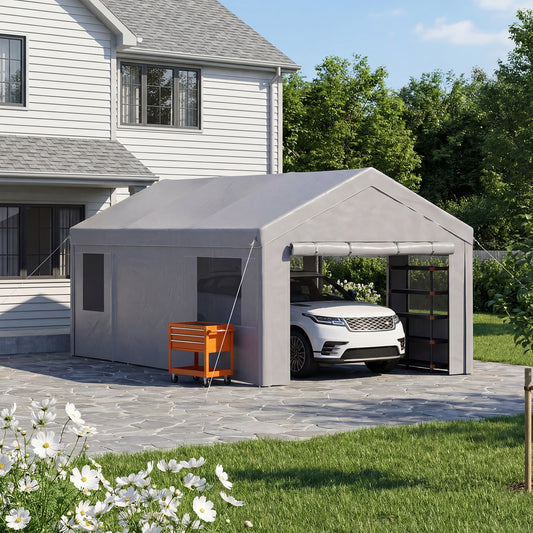 Sunmthink 12x20ft Heavy Duty Carport Canopy, Portable Outdoor Garage with Removable Sidewalls & Roll-Up Doors, All-Weather Car Shelter for Cars, Boats, Trucks and Tools Storage, Gray