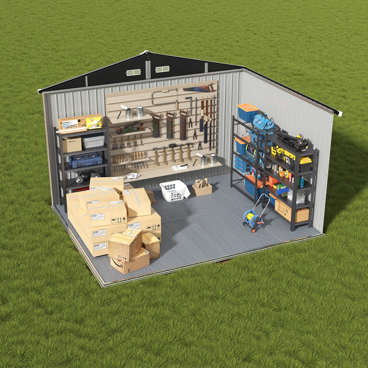 Dateyes 6X8FT Outdoor Storage Shed with Plastic Floor, Metal Tool Shed with Lockable Door and Vents, Patio Shed for Garden, Backyard, Poolside, Brown