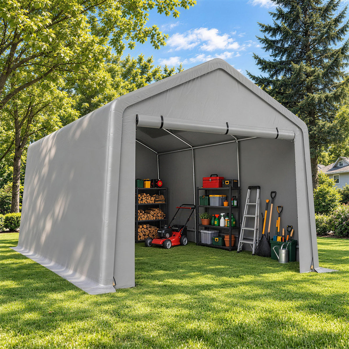 Sunmthink 13x20 FT Outdoor Carport Shed, Portable Storage Sheds with Roll-Up Door, Waterproof Storage Tent with Galvanized Steel Frame & Durable Tarp Cover for Cars, Boats, Trucks and Tools Storage