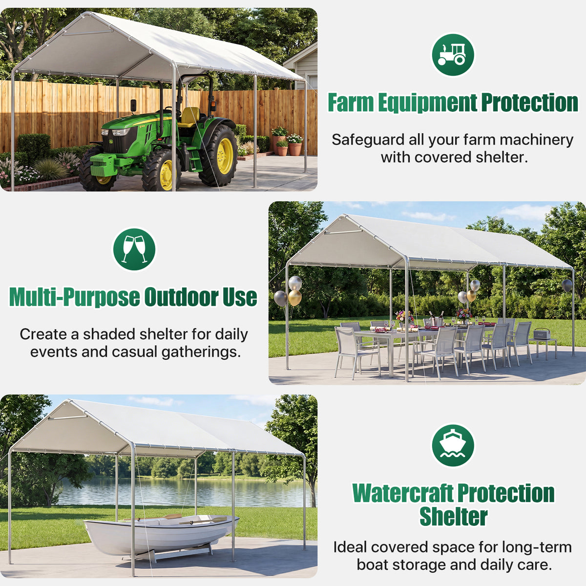 Dateyes 10x20 FT Carport, Heavy Duty Carport Canopy with Adjustable Height, Outdoor Carport Shelter with Reinforced Frame, Portable Garage for Cars, Boats and Trucks, White