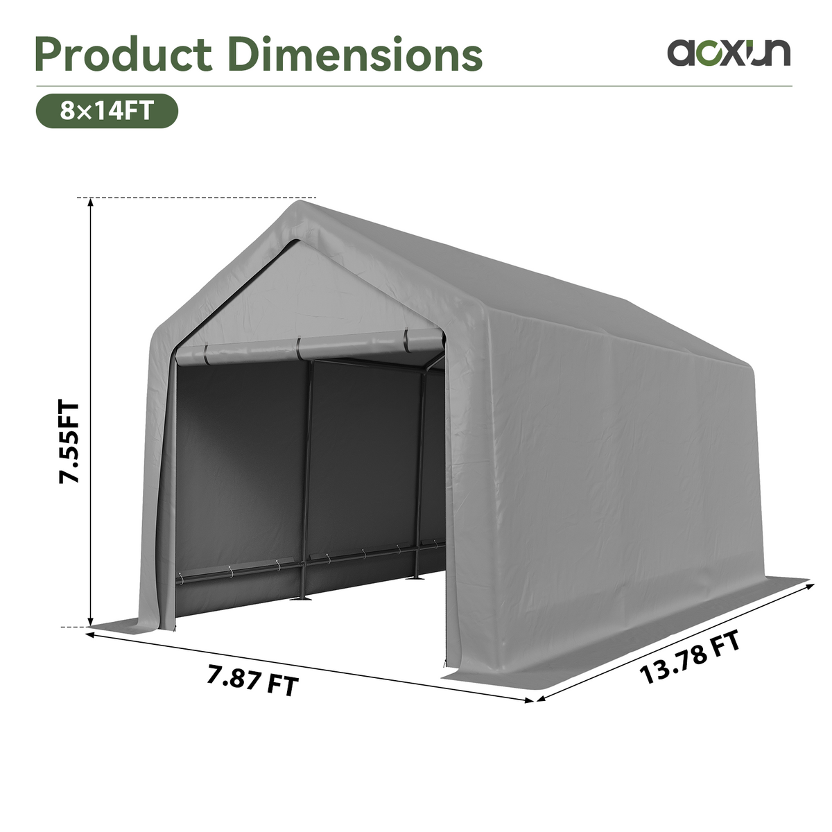 Aoxun 8x14 FT Carport Shed, Portable Storage Shed with Roll-Up Door & Window, Waterproof Storage Tent With Galvanized Steel Frame for Equipment, Bike