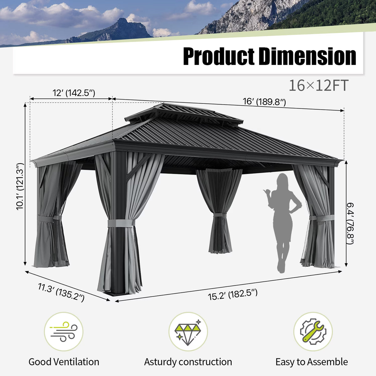 Clouddwell 12' x 16' Aluminum Gazebo with Double Roof, Hardtop Outdoor Gazebo with Galvanized Steel for Garden, Deck, Pool