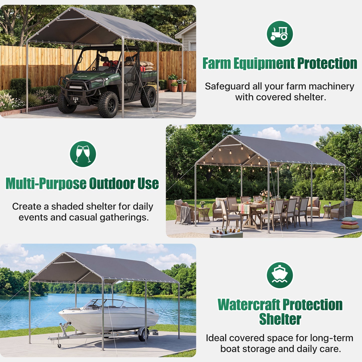 Dateyes 10x15 FT Carport, Heavy Duty Carport Canopy with Adjustable Height, Outdoor Carport Shelter with Reinforced Frame, Portable Garage for Cars, Boats and Trucks, Gray