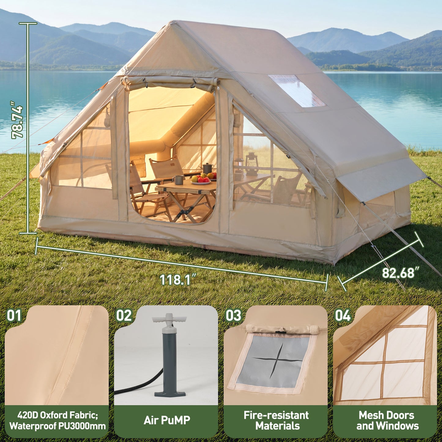 Aoxun Inflatable Camping Tent for 4-8 Person, Quick Setup Family Tent, Waterproof Windproof Outdoor Shelter with UV Protection, Lightweight Portable Shelter for Camping, Beach and Festivals