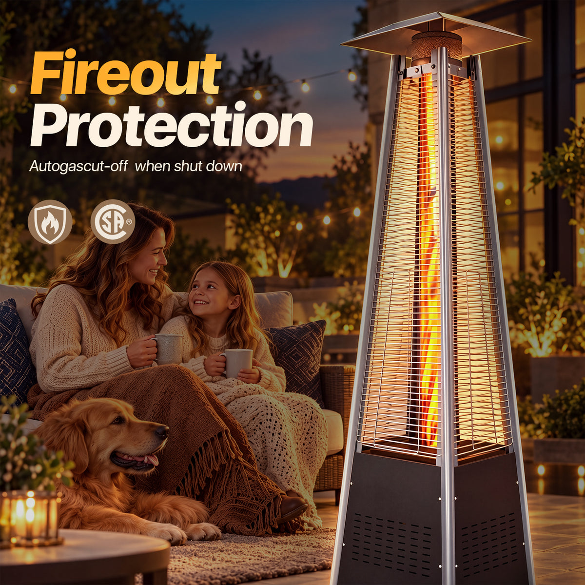 LazySunsets 87 Inch Outdoor Tower Propane Heater, 48000 BTU Black Pyramid Patio Heater with Portable Wheels, Auto Safety Shutoff