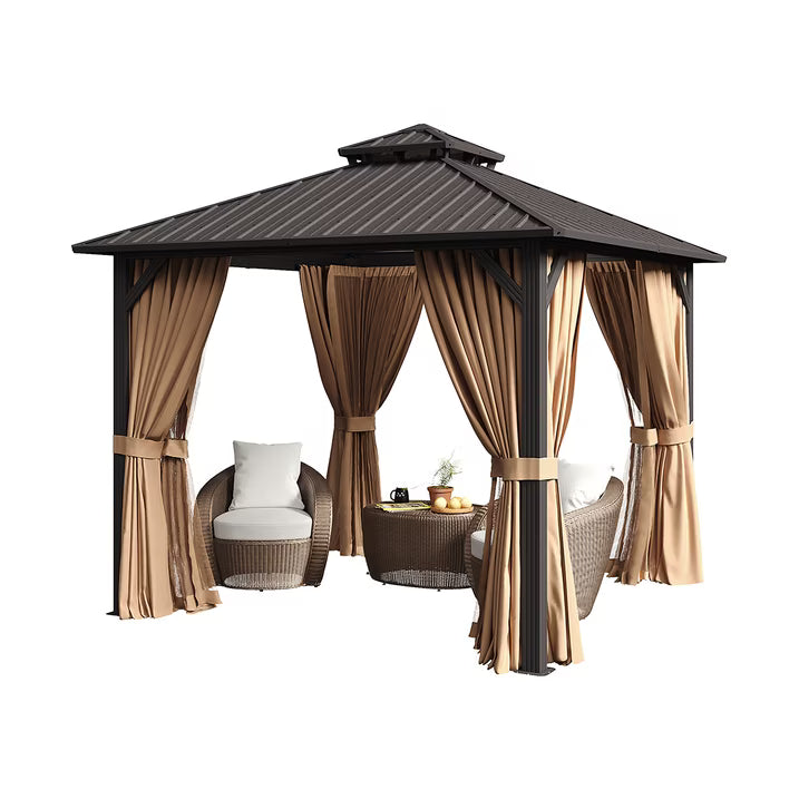 Clouddwell 10' x 10' Gazebo for Patio, Gazebo Pergola with Sloped Roof, Large Wall-Mounted Heavy Duty Awnings, for Deck, Patio and Backyard,Brown