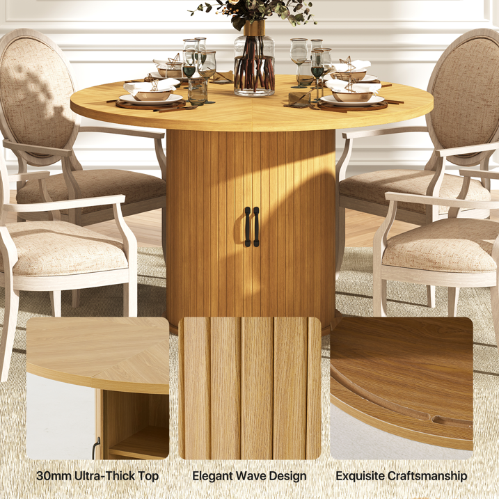 Sonegra 47-inch Round Dining Table with Storage, Modern Fluted Circle Kitchen Table with 2-Layer Storage and Sliding Door, for Kitchen Living Room, Burlywood