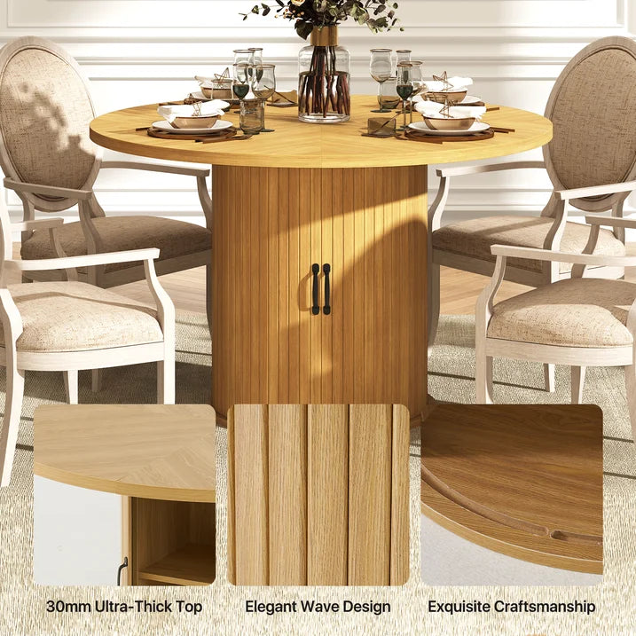 Sonegra 47“ Round Dining Table with Storage, Modern Fluted Circle Kitchen Table with 2-Layer Storage and Sliding Door, for Kitchen Living Room, Natural