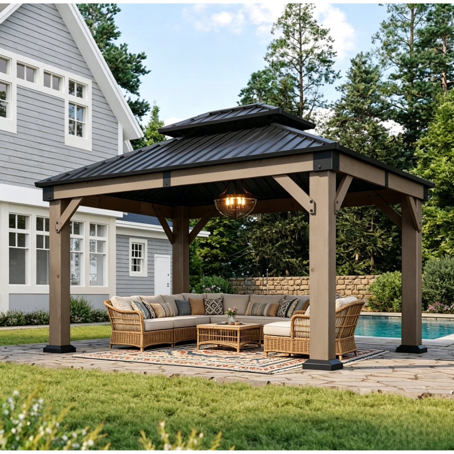 Sunmthink 10' x 12' Outdoor Cedar Wood Gazebo, Hardtop Gazebo Wooden Pavilion with Galvanized Steel Double Roof, for Patio, Garden, Deck