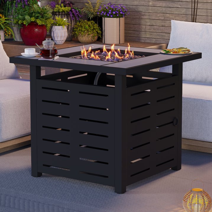 Sunmthink 28 Inch 50,000 BTU Fire Pit Table - Ceramic Tabletop with Lava Rocks & Lid