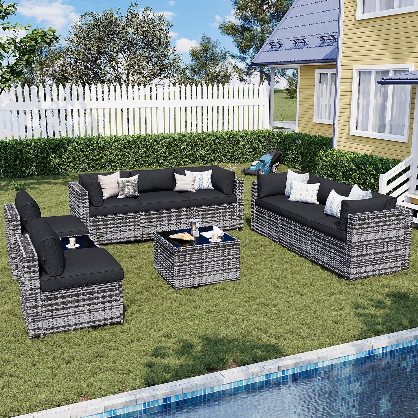 Sunmthink Patio Furniture Sets, 10-Piece Outdoor Patio Furniture with Thick Cushions, Wicker Outdoor Conversation Set and Waterproof Cover for Backyard, Poolside, Garden