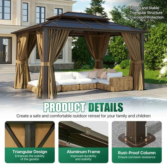 Clouddwell 10'x12' Hardtop Gazebo - Polycarbonate Double Roof with Netting & Curtains for Patio, Garden Sun Protection,Browm