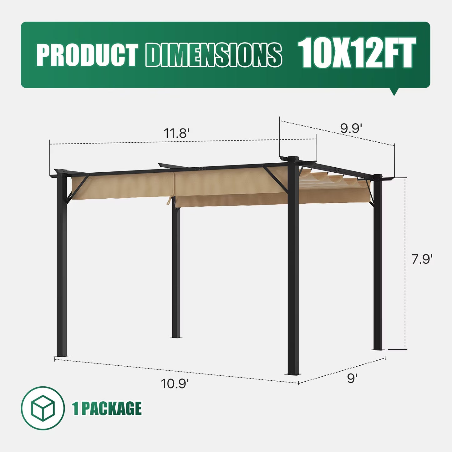 Clouddwell 12x10 ft Outdoor Pergola with Retractable Canopy, Heavy-Duty Metal Frame Patio Pergola for Backyard & Garden, UV Protection Sun Shade, Khaki