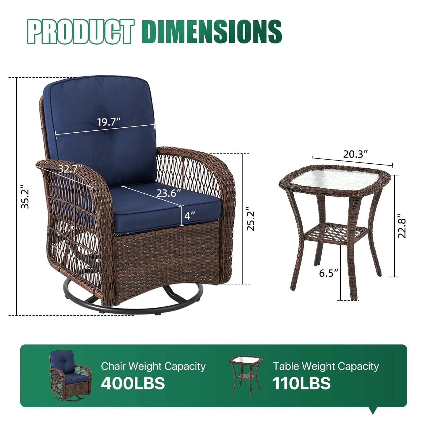3 Piece Patio Furniture Set Swivel Outdoor Chair Wicker Rattan Patio Conversation Set Outdoor Sectional Sofa Set with Coffee Table and Blue Cushions