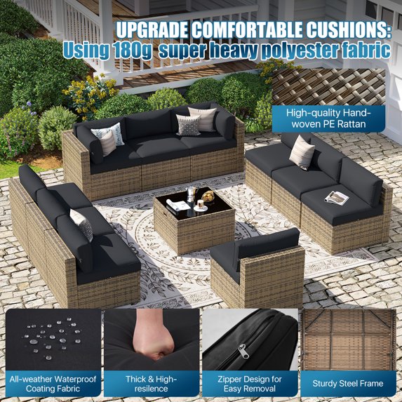Sunmthink Patio Furniture Sets, 11-Piece Outdoor Patio Furniture with Thick Cushions, Wicker Outdoor Conversation Set and Waterproof Cover for Backyard, Poolside, Garden