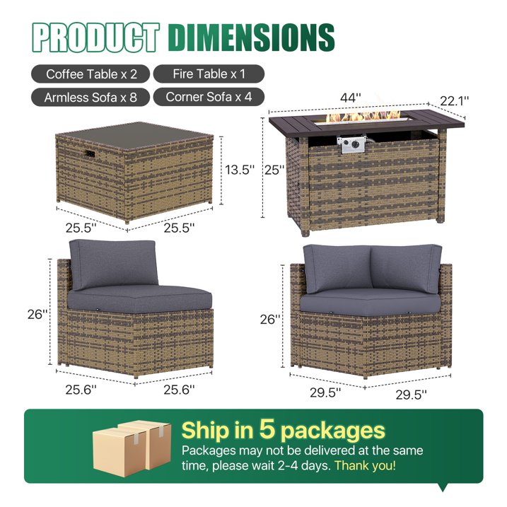 Clouddwell 15 Piece Patio Furniture Set with 44” Fire Pit Table Wicker Rattan Patio Conversation Set Outdoor Sectional Sofa Set with Coffee Table and Gray Cushions(Waterproof Cover Included)