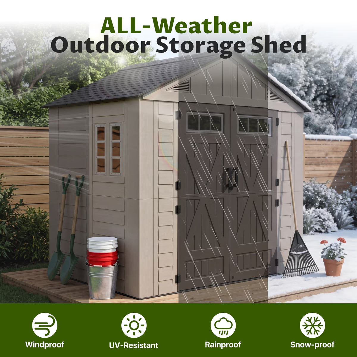 Dateyes 6'x8' Heavy Duty Resin Outdoor Storage Shed with Floor, All-Weather Resin Tool Shed with Window & Lockable Double Doors, Easy Assembly for Garden, Patio, Backyard